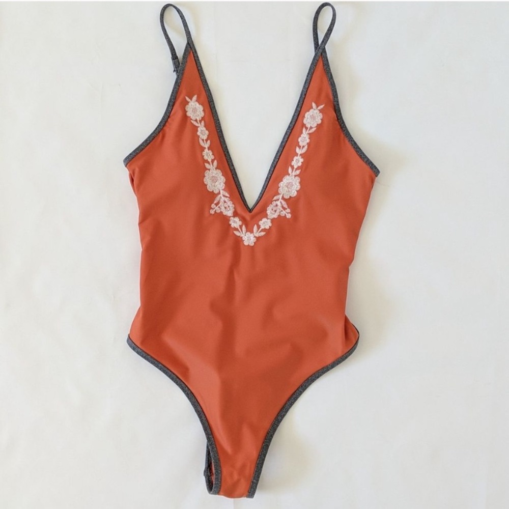 Aerie Plunge Embroidered Rust and Grey One Piece
